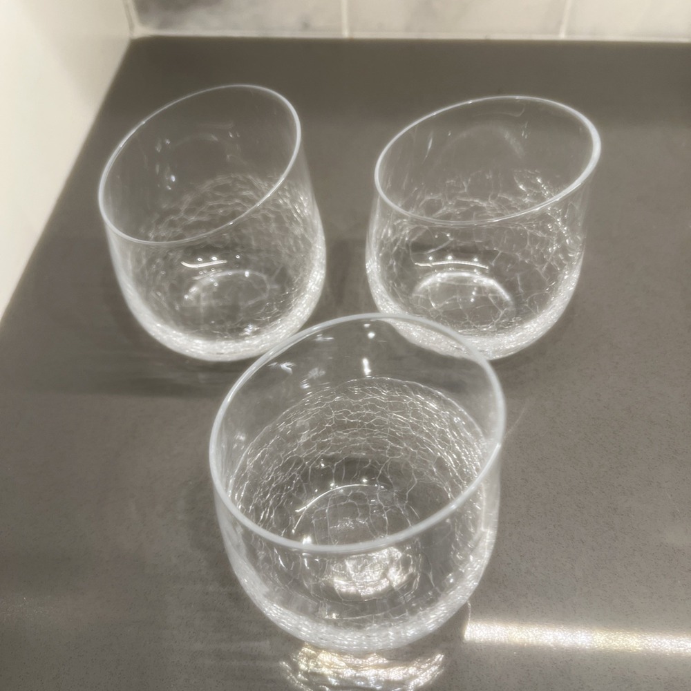 3-Pier 1 Crackle Glass Clear Slant Rim, Stemless Wine Water Glasses 4" Tall